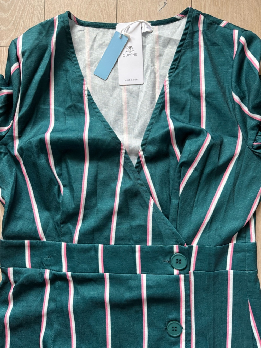NWT Cupshe Pinstriped Puff-Sleeve Midi Dress in Green & Pink Women’s Size Large - Picture 5 of 13